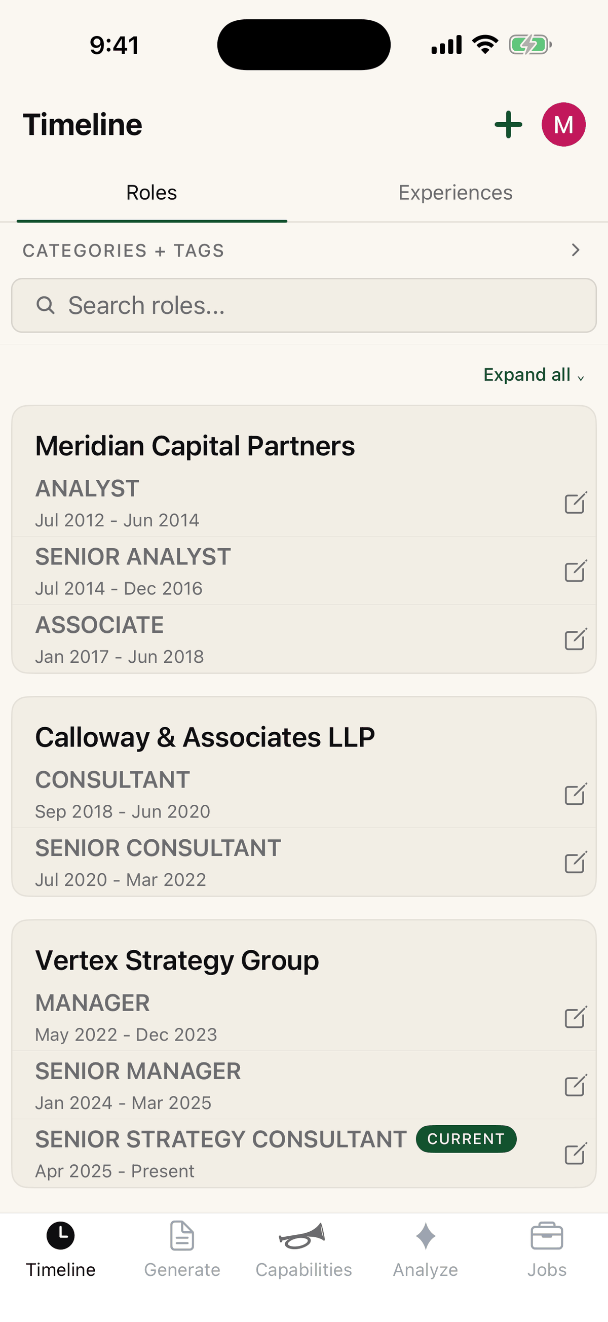 Tootly's Timeline screen showing a dated history of roles across three employers, including the app's bottom navigation
