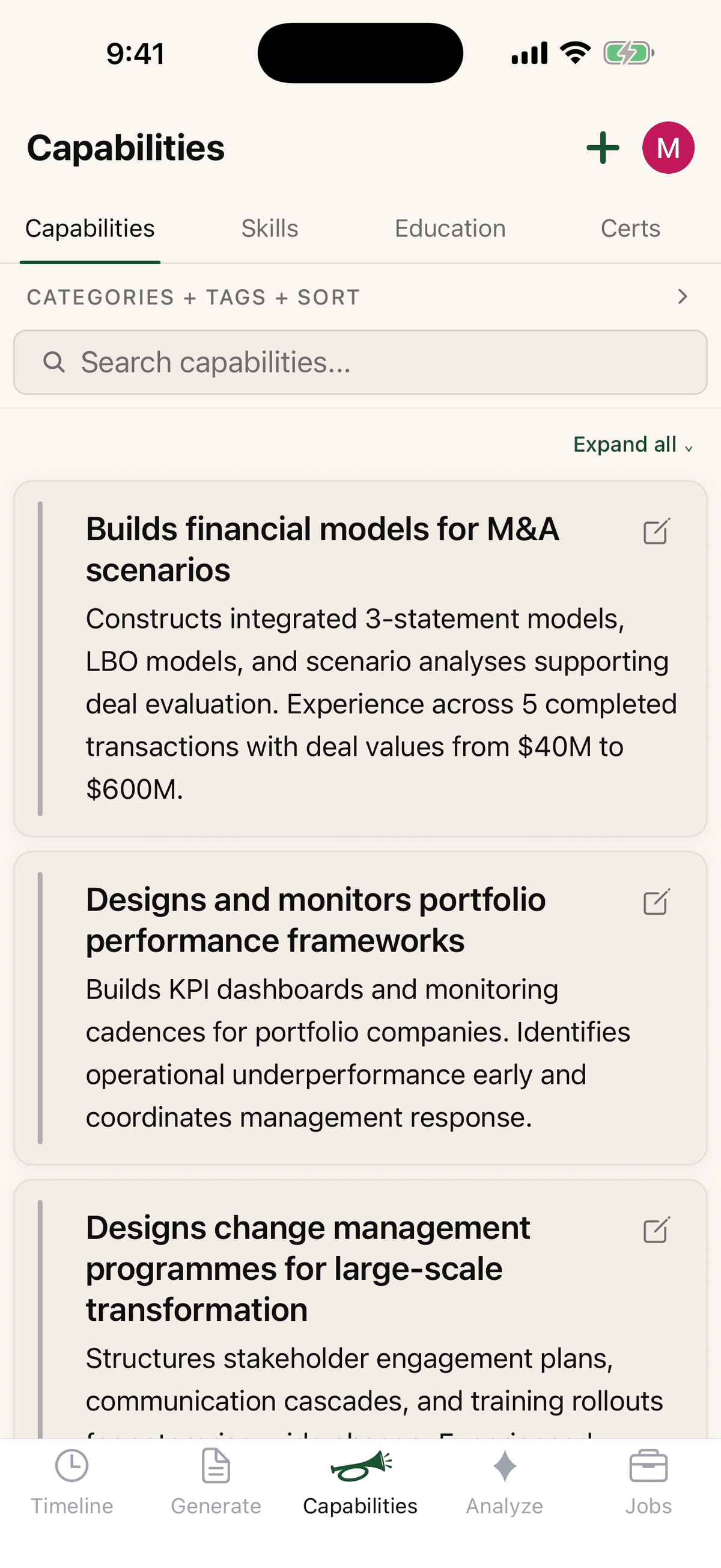Tootly's Capabilities screen, showing specific derived capabilities such as building financial models for M&A scenarios, drawn from real work history