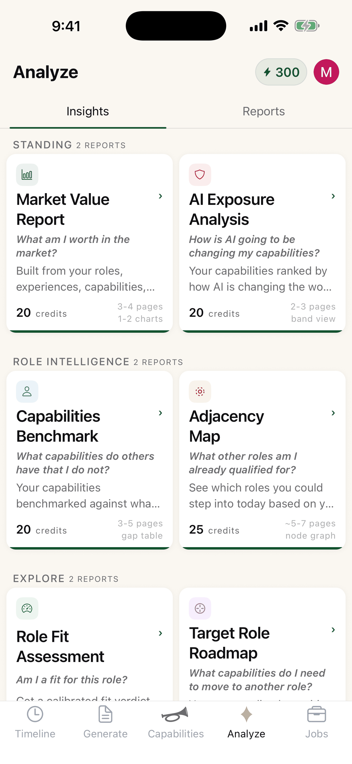 Tootly's Analyze screen listing six report types grouped Standing, Role Intelligence, and Explore, each with a credit cost